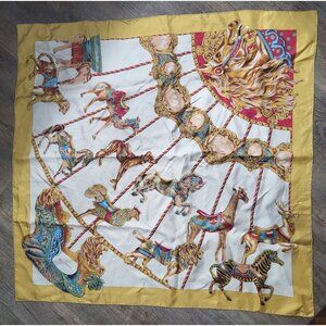 VTG AC Andre Claude Canova Carousel of Horses Silk Scarf Gold Colorful Old Money